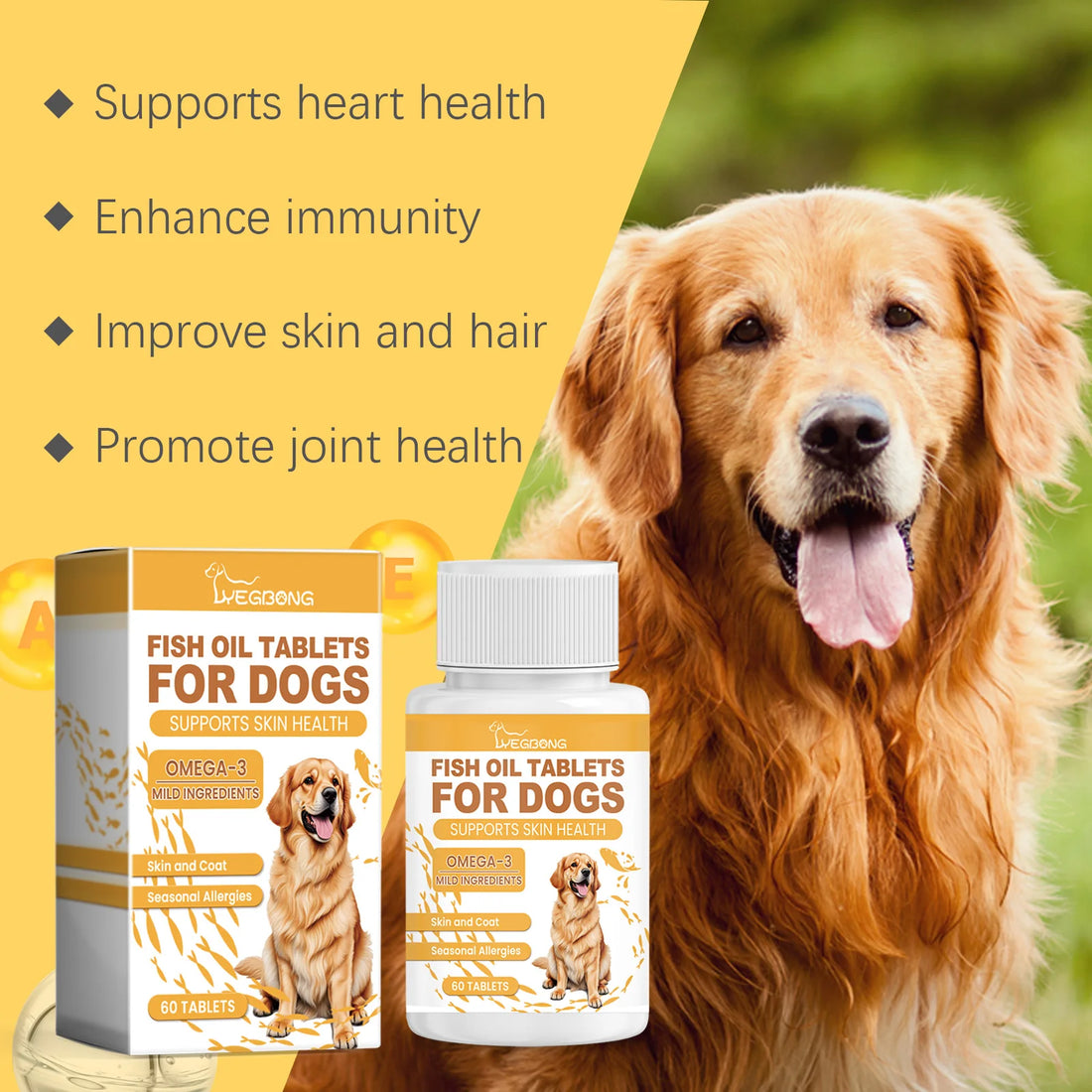 Yegbong 60pcs Omega-3 Fish Oil Tablets for Dogs Skin Care Nutrition Supplement Relieve Dry Itchy Skin Nourish Fur Enhance Bone