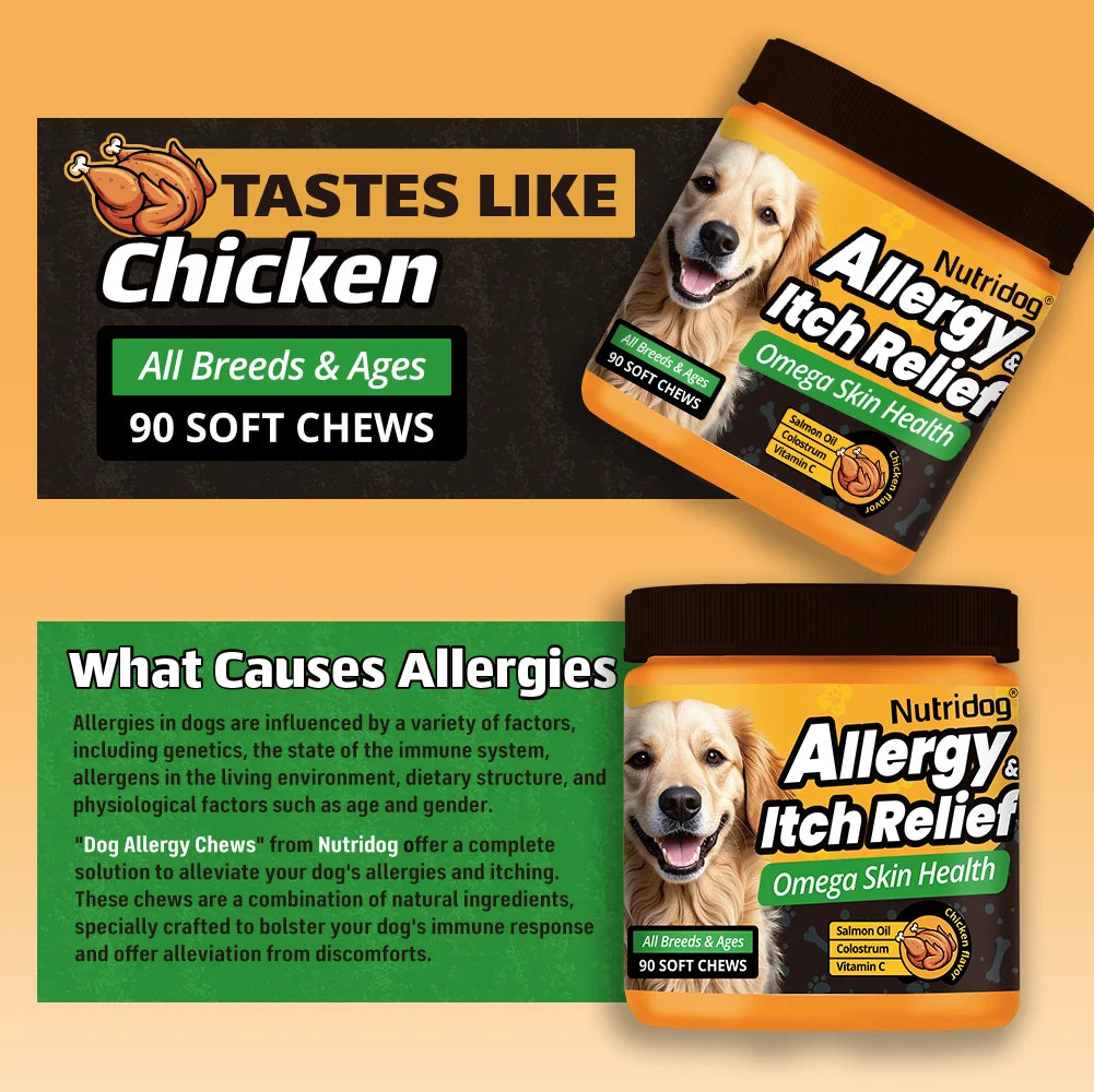 NUTRIDOG Dog Allergy Itch Relief Supplements With Omega-3 Vitamin C Support Skin Immune Health Supplement Nutrition 90 Chews