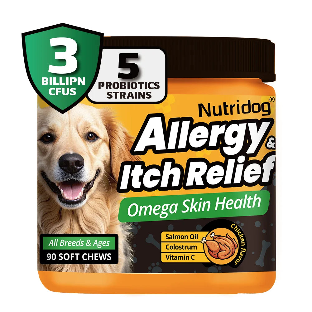 NUTRIDOG Dog Allergy Itch Relief Supplements With Omega-3 Vitamin C Support Skin Immune Health Supplement Nutrition 90 Chews