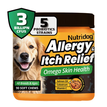 NUTRIDOG Dog Allergy Itch Relief Supplements With Omega-3 Vitamin C Support Skin Immune Health Supplement Nutrition 90 Chews