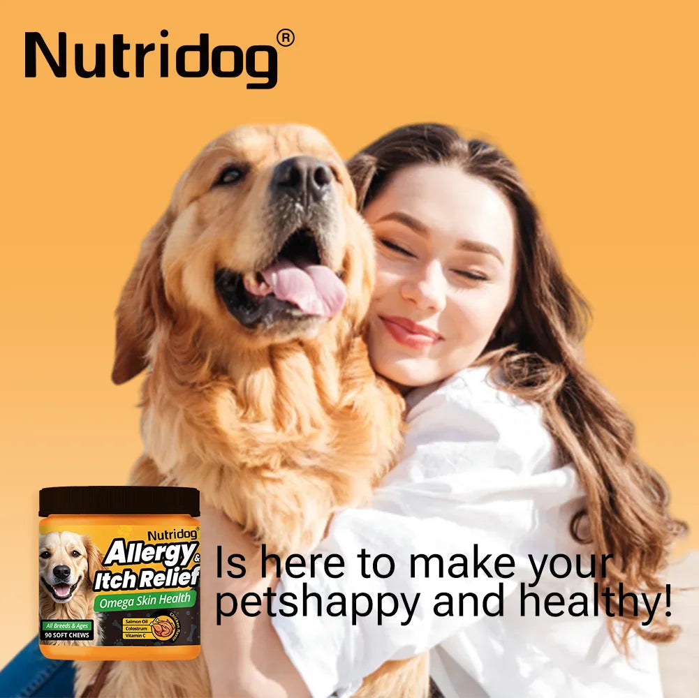 NUTRIDOG Dog Allergy Itch Relief Supplements With Omega-3 Vitamin C Support Skin Immune Health Supplement Nutrition 90 Chews